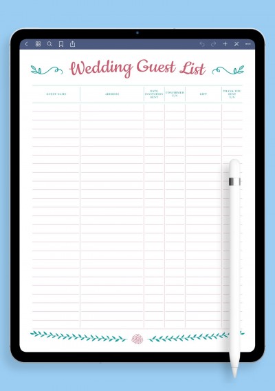 Wedding Guest List with Gift Section Template for Notability