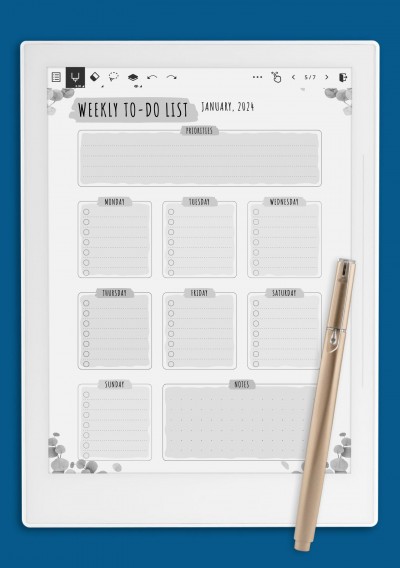 Weekly To Do List - Floral Style Template for Supernote A5X