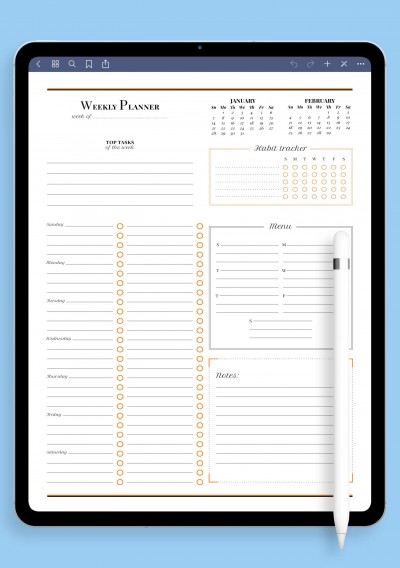 Weekly planner template with habit tracker for iPad