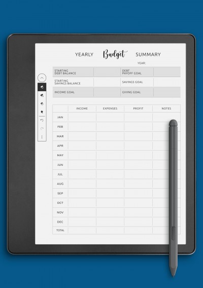 Yearly Budget Summary Template for Kindle Scribe