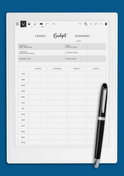 Yearly Budget Summary Template for Supernote A6X