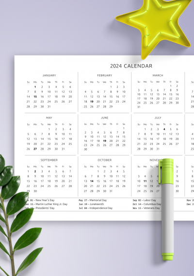 Download Annual Calendar with Holidays Horizontal Template