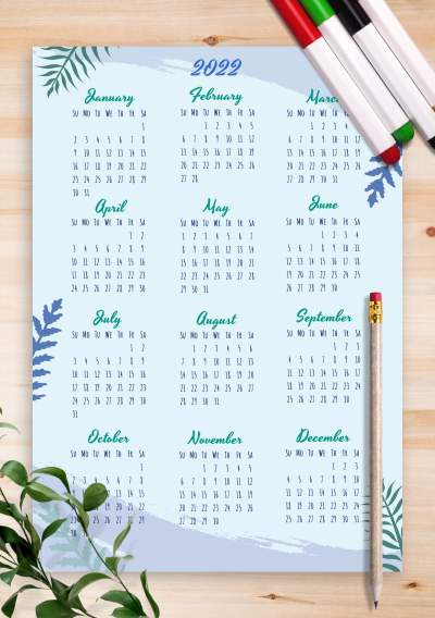 Download Blue Botanical Yearly Calendar
