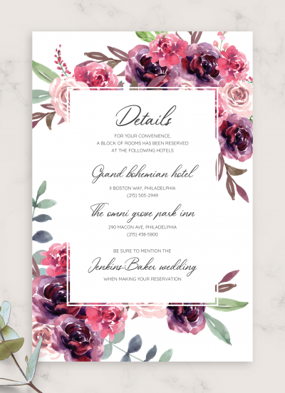Download Burgundy Floral Wedding Details Card