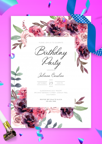Download Burgundy Floral Women's Birthday Invitation