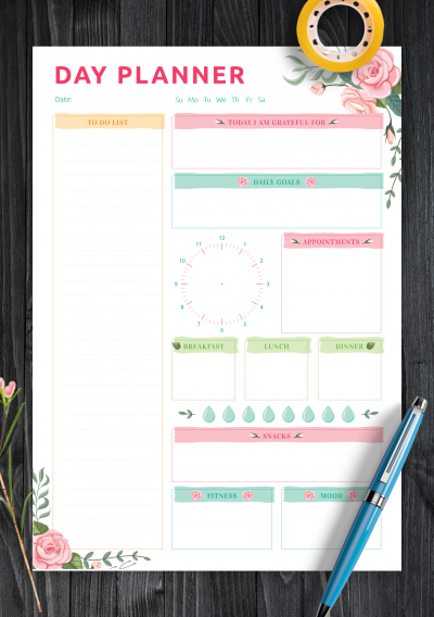 Download Day Planner with Blossom Roses Pattern