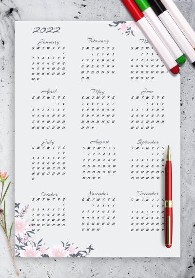 Download Dusty Blue Floral Yearly Calendar