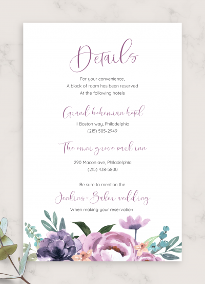 Download Exotic Flowers Purple Wedding Details Card