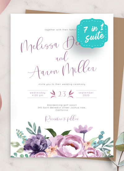 Download Exotic Flowers Purple Wedding Invitation Suite