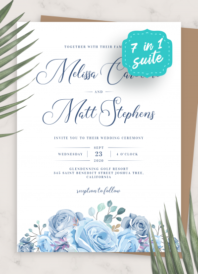 Download Floral Blue Wedding Invitation Suite