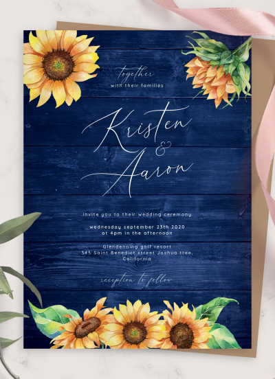 Download Navy Blue Wood Sunflower Wedding Invitation
