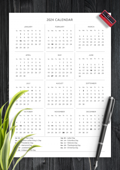 Download One Page Annual Calendar with Holidays Template