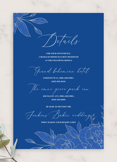 Download Royal Blue and Silver Wedding Details Card