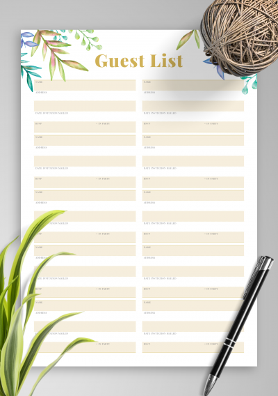 Download Wedding Guest List with Botanical Pattern