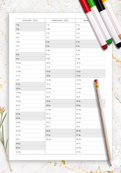 Download Yearly Vertical Calendar on Four Pages