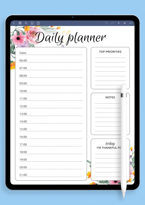 Daily Hourly Planner Template with Flowers for GoodNotes