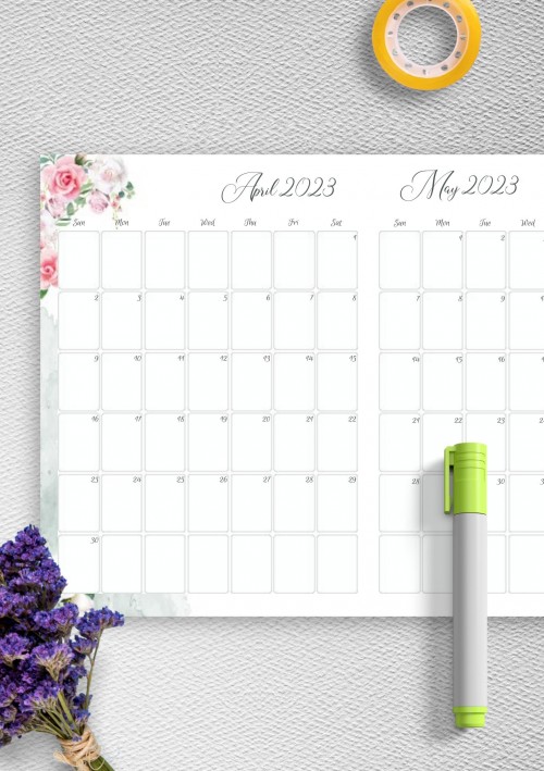 Floral Two Months April 2023 Calendar