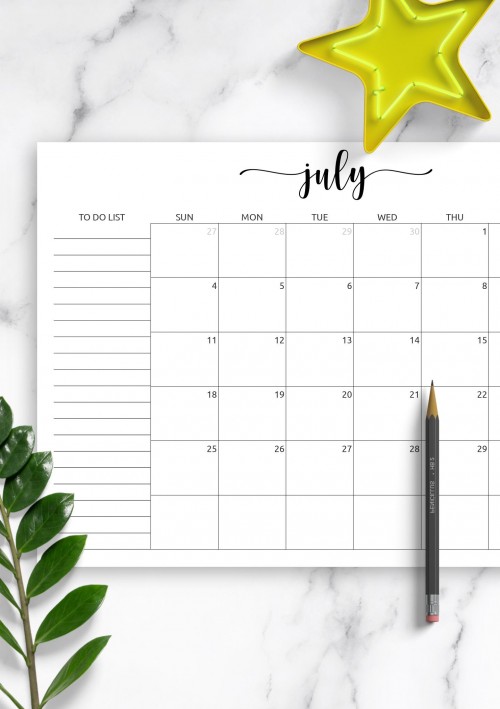 July Calendar with To-Do List