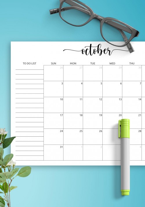 October Calendar with To-Do List