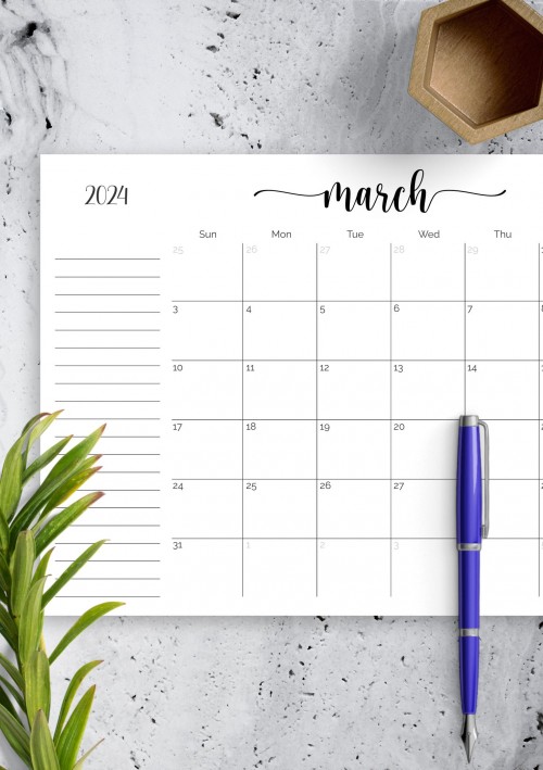 Monthly Calendar March 2024 with Notes Section