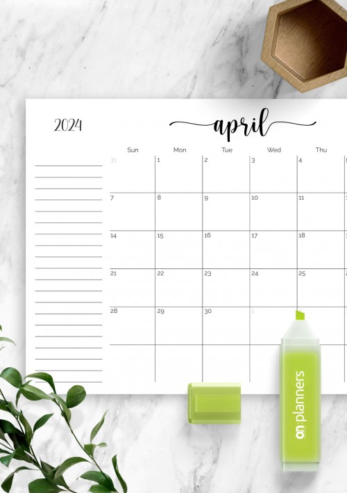 Monthly Calendar April 2024 with Notes Section
