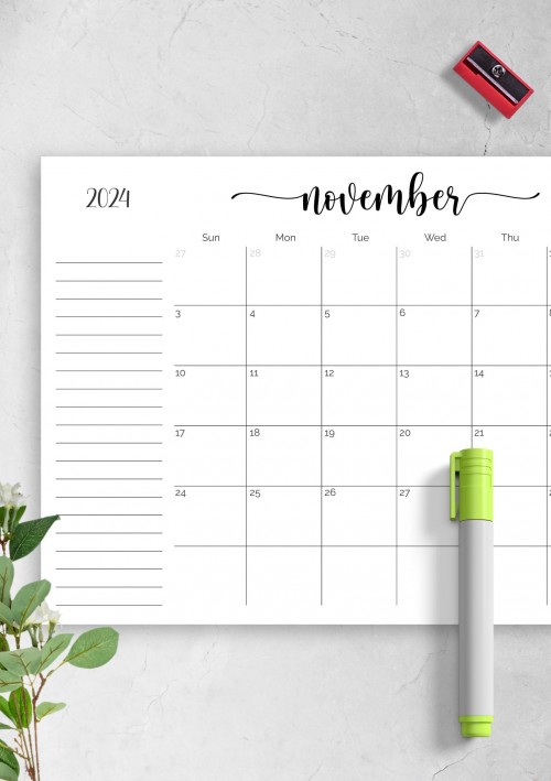 November 2024 Calendar with Notes Section