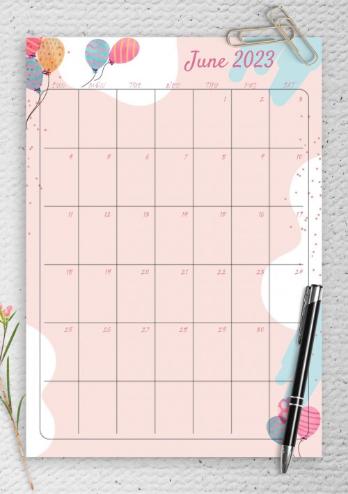 Pink June 2023 Birthday Calendar
