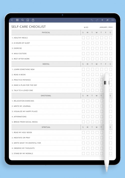 GoodNotes Self-Care Checklist Template 
