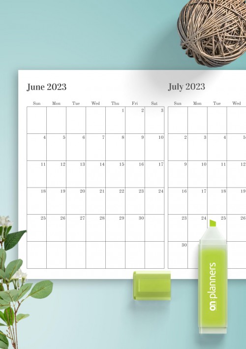 Two Months on One Page June 2023 Calendar