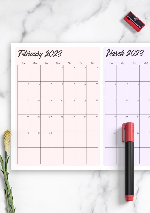 Two Months February 2023 Calendar