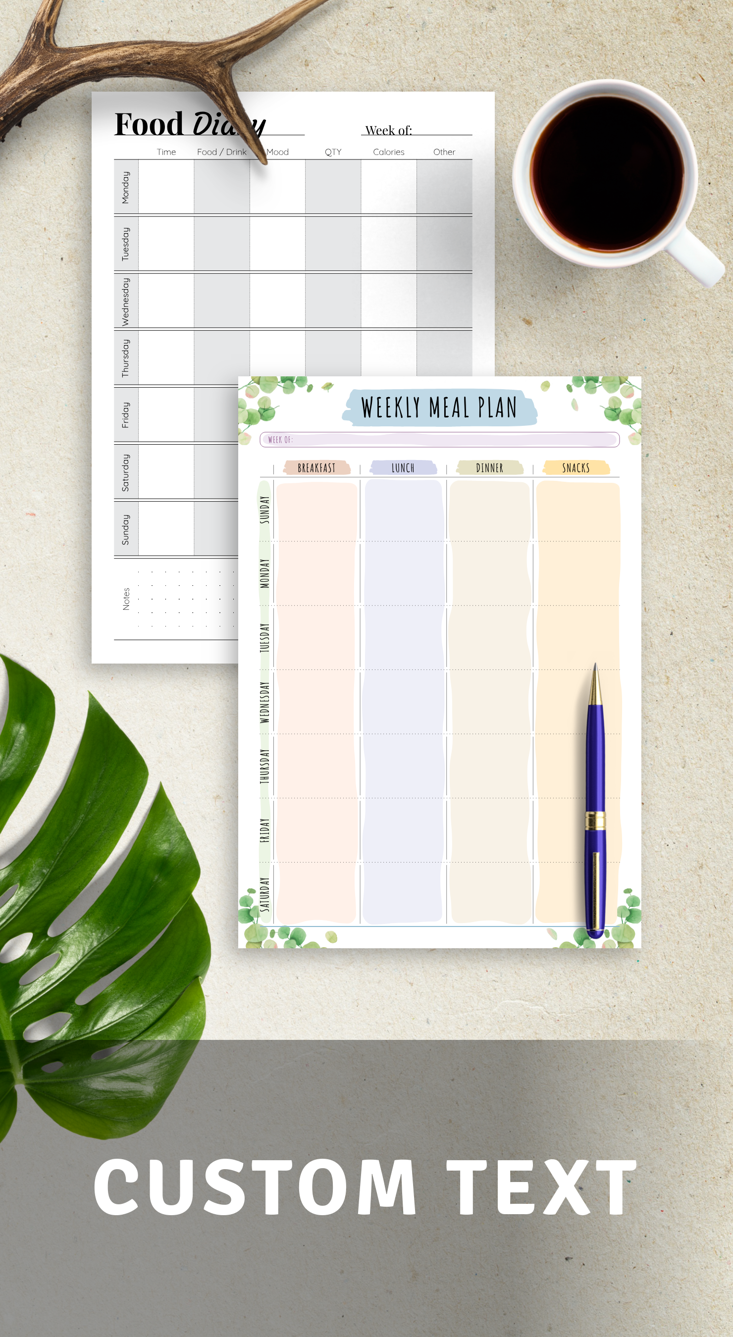 Food diary printable templates - Download PDF