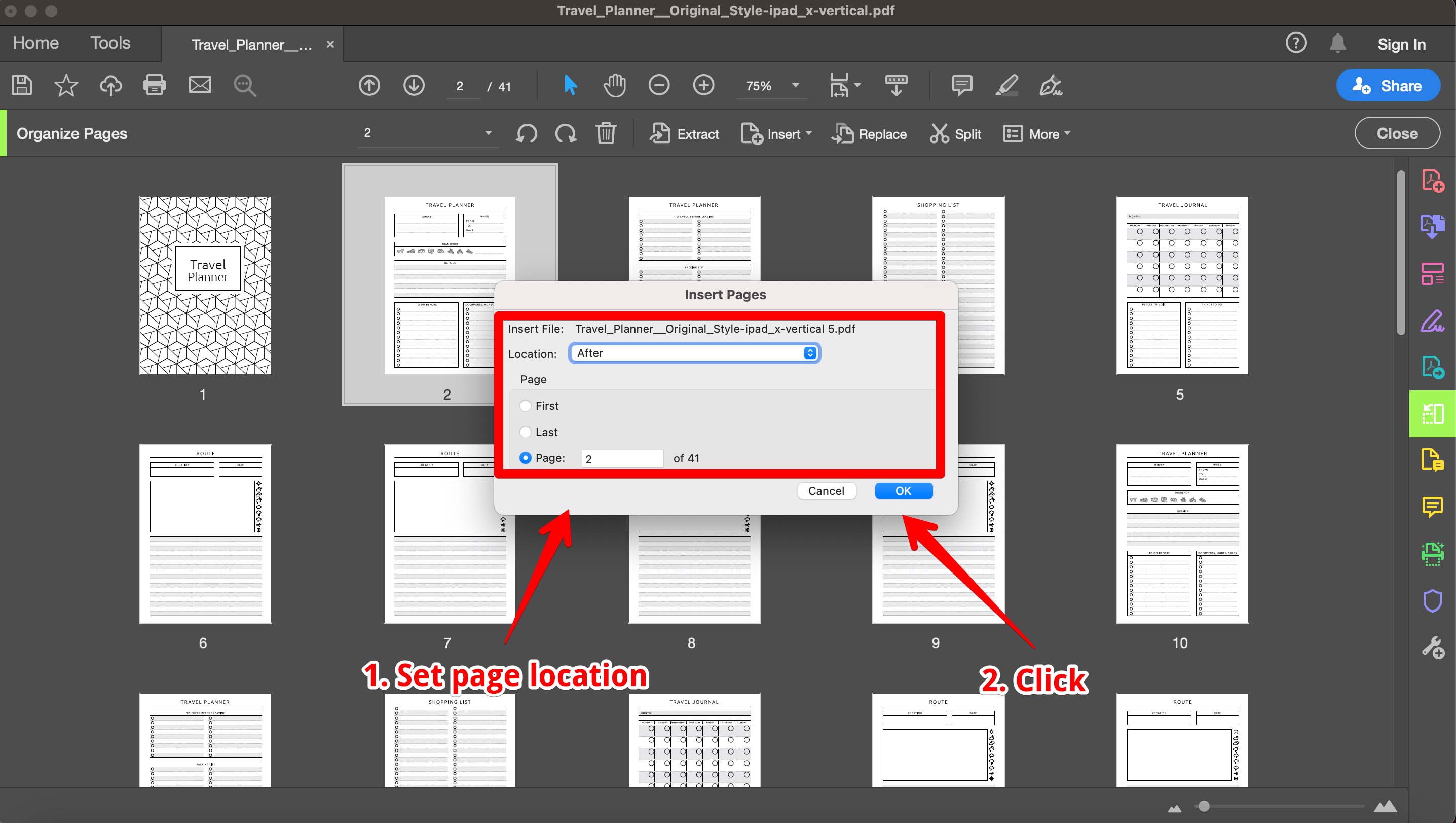 Insert page options in Adobe Acrobat