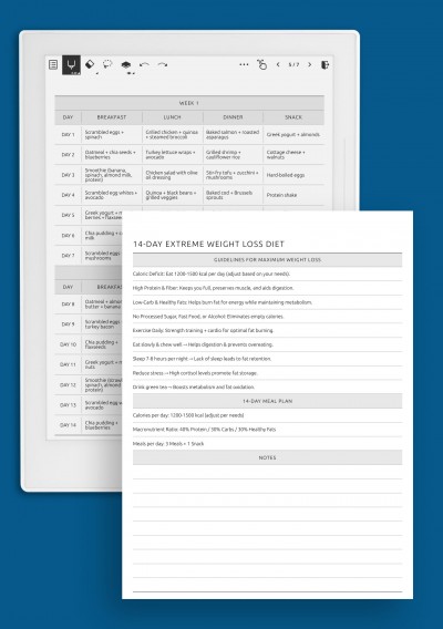 2-Week Weight Loss Diet Plan: High Protein, Low Carb Meals template for Supernote