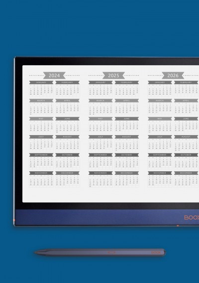 Horizontal 3-year Calendar Template - Casual Style - Landscape View for Onyx BOOX