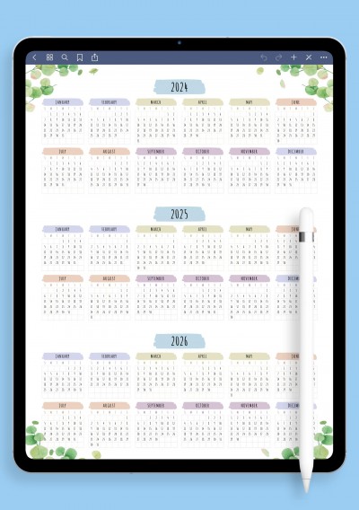 3-Year Calendar Template - Floral Style Template for iPad