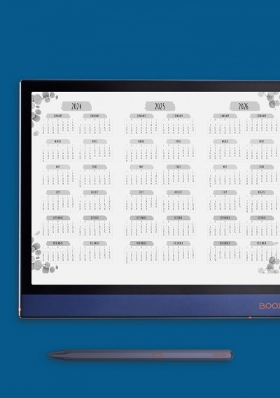 Horizontal 3-year Calendar Template - Floral Style - Landscape View for Onyx BOOX