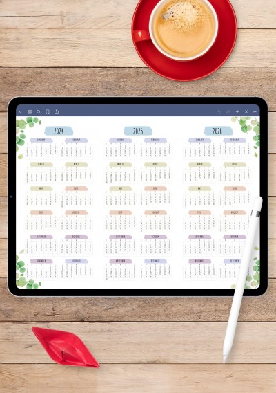 Horizontal 3-year Calendar Template - Floral Style - for Notability