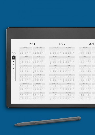 Amazon Kindle 3-year Calendar Template - Original Style - Landscape View