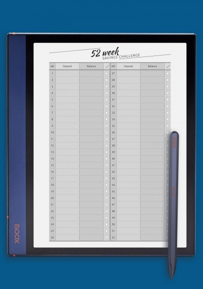 52 Week Savings Challenge Template for BOOX Note