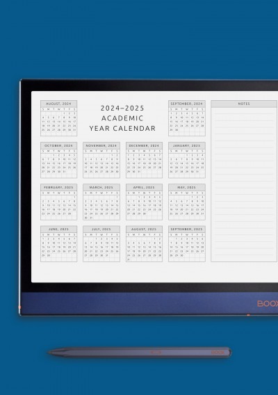 Horizontal Academic Year Calendar Template for Onyx BOOX