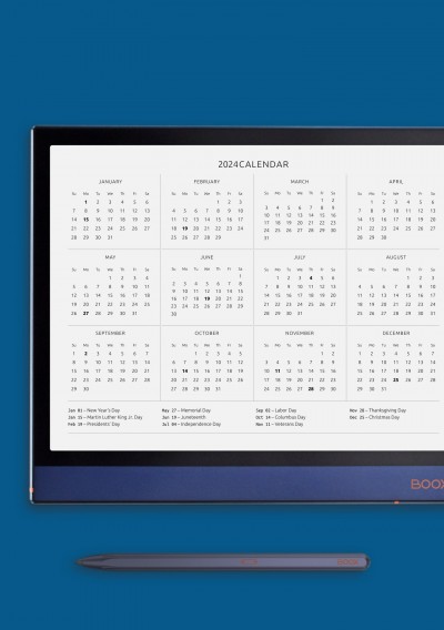 Horizontal Annual Calendar with Holidays Template for Onyx BOOX
