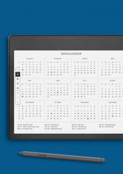 Amazon Kindle Annual Calendar with Holidays Horizontal Template
