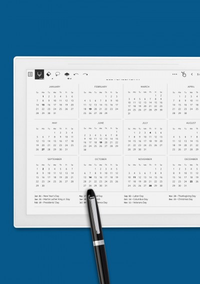 Annual Calendar with Holidays Horizontal Template template for Supernote