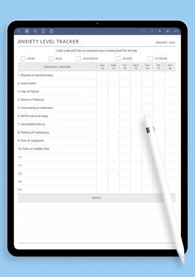 Anxiety Level Tracker template for GoodNotes