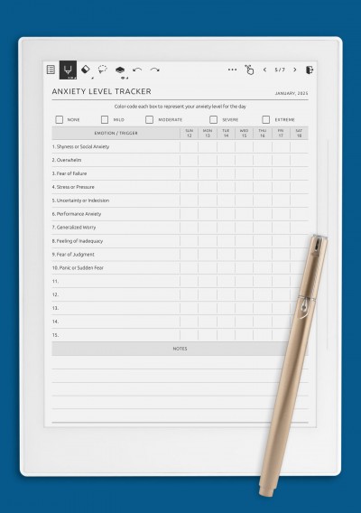 Anxiety Level Tracker template for Supernote