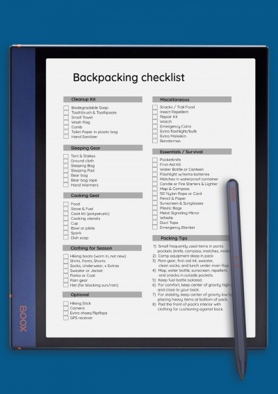 Backpacking Checklist Template for BOOX Note