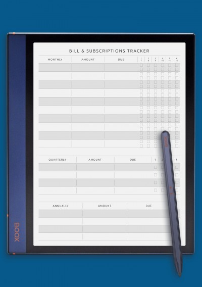 Bill &amp; Subscriptions Tracker Template for BOOX Note Air