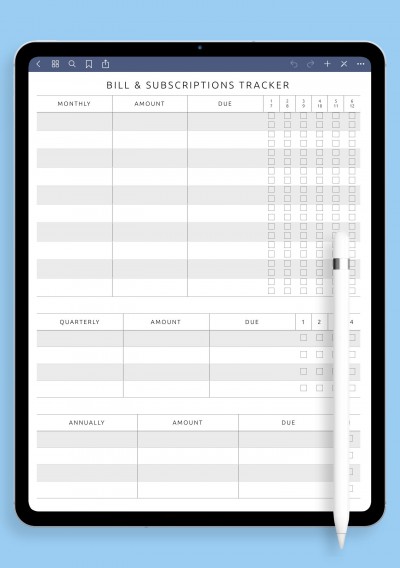 Bill &amp; Subscriptions Tracker Template template for GoodNotes