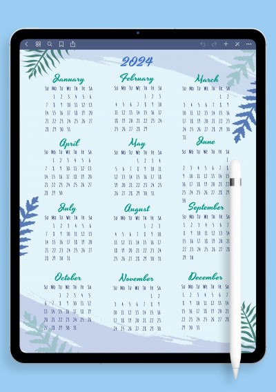 Blue Botanical Yearly Calendar Template for Notability