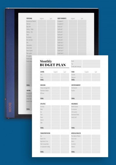 Two-pages monthly budget plan template for BOOX Note